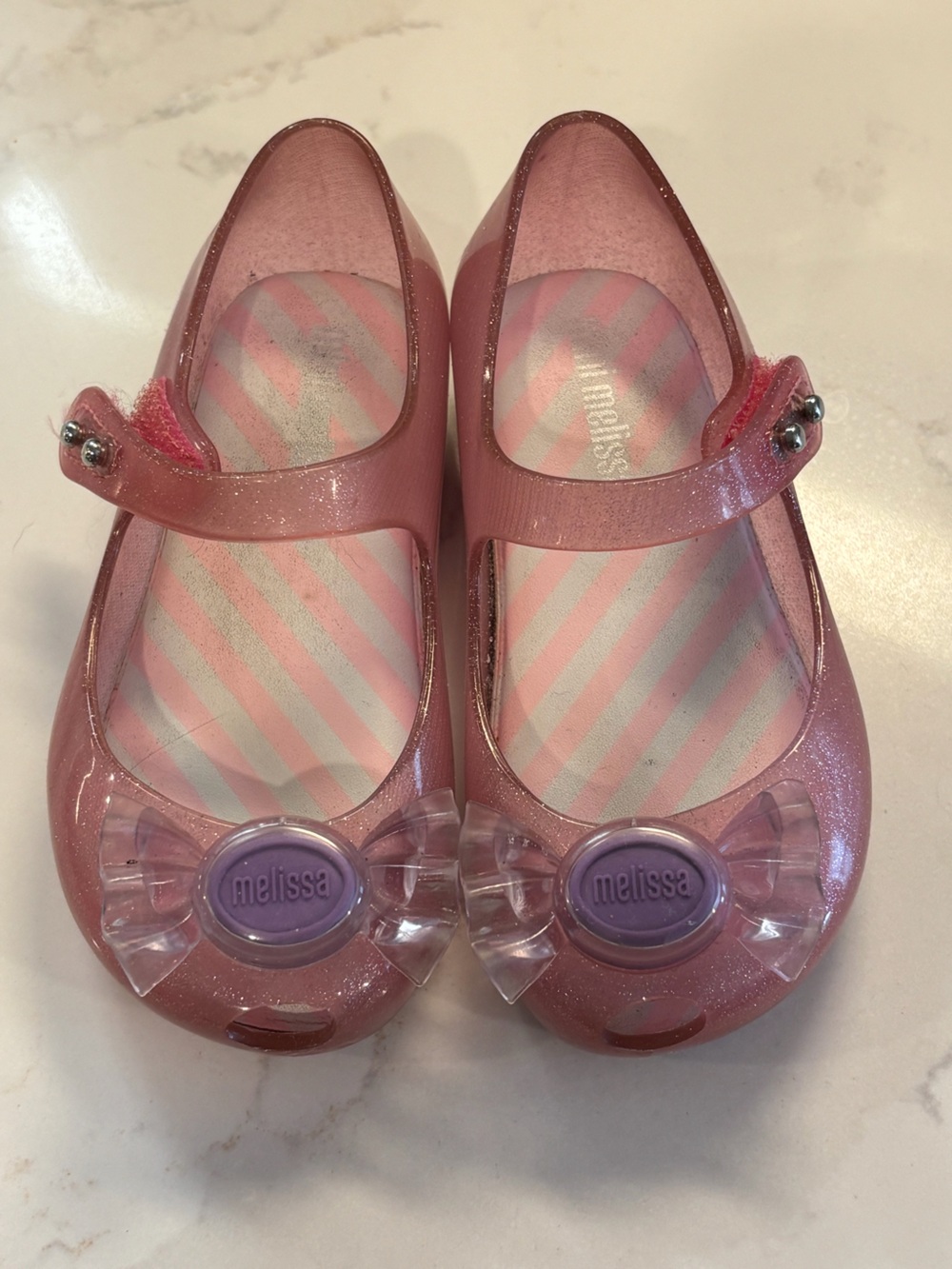 Mini Melissa Girls Pink Glitter Jelly Mary Jane Sandals with Candy Bow Accent